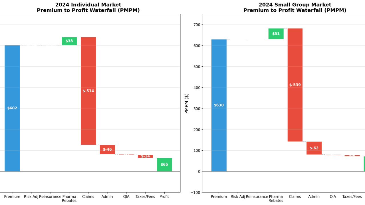 Waterfall charts showing components of profitability (pmpm) for individual and small group markets, 2024